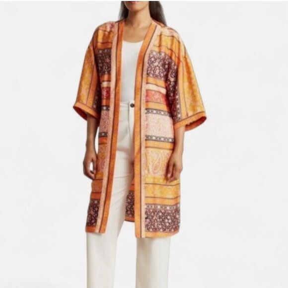 DR2 Kimono Duster Caftan Womens S/M Orange Paisley Floral Satin Boho Cover Up - Picture 2 of 6